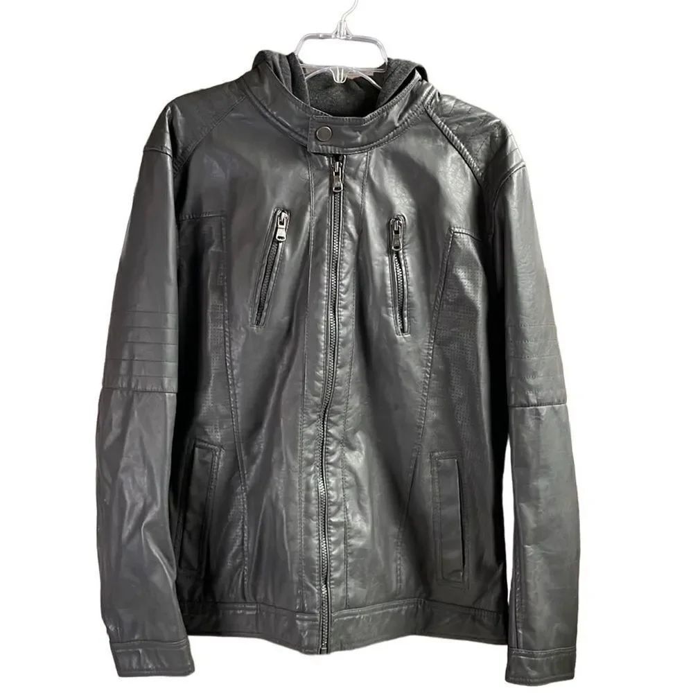 CARBON Women’s Hooded Faux Leather Riding Jacket Coat Dark Grey Size Large